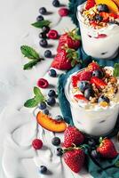 AI generated background with yogurt, strawberries, peaches and blueberries photo