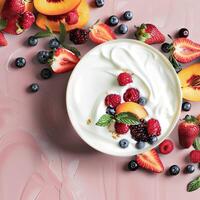 AI generated background with yogurt, strawberries, peaches and blueberries photo