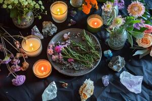 AI generated mystical atmosphere, plate with herbs candles and crystals photo