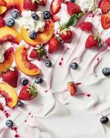 AI generated background with yogurt, strawberries, peaches and blueberries photo