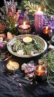 AI generated mystical atmosphere, plate with herbs candles and crystals photo