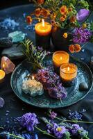 AI generated mystical atmosphere, plate with herbs candles and crystals photo