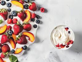 AI generated background with yogurt, strawberries, peaches and blueberries photo