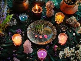 ai generado místico atmósfera, plato con hierbas velas y cristales foto