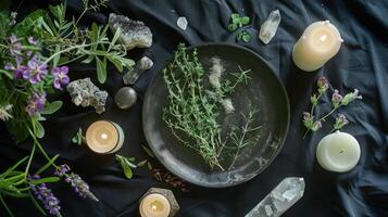 AI generated mystical atmosphere, plate with herbs candles and crystals photo