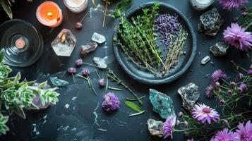 AI generated mystical atmosphere, plate with herbs candles and crystals photo