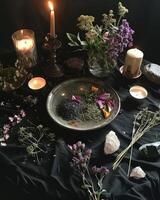 AI generated mystical atmosphere, plate with herbs candles and crystals photo