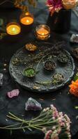 AI generated mystical atmosphere, plate with herbs candles and crystals photo