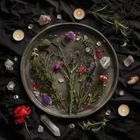 AI generated mystical atmosphere, plate with herbs candles and crystals photo