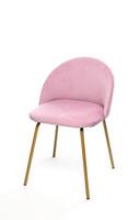 Modern textile chair. Pink velvet upholstery chair with gold metal base on white background. Chalet, interior. photo