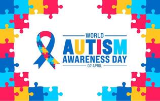 2 April world Autism Awareness Day colorful Puzzle icon with puzzle Awareness Ribbon banner or background design template. vector