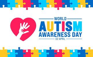 2 abril mundo autismo conciencia día vistoso rompecabezas bandera diseño modelo. autismo conciencia día vistoso niños levantamiento mano antecedentes diseño modelo. vector