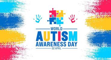 2 April world Autism Awareness Day colorful ink paint brush stroke texture with Puzzle piece banner or background design template. vector