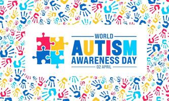 Autism Awareness Day concept colorful kids hand together seamless pattern background with colorful Puzzle design template. vector