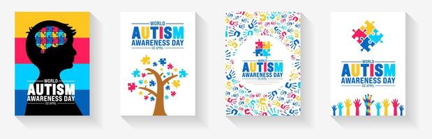 2 abril mundo autismo conciencia día libro cubrir diseño colocar. autismo conciencia día bandera o antecedentes haz con rompecabezas pedazo, niños levantamiento mano, niño mano, cinta, amor icono, niño chica, chico vector. vector