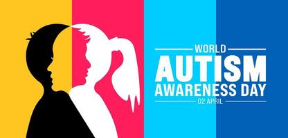 2 abril mundo autismo conciencia día chico y niña niño cabeza bandera diseño modelo. utilizar a fondo, bandera, cartel, tarjeta, y póster diseño modelo con texto inscripción y estándar color. vector