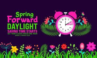 Spring Forward  2024 banner background with flower and grass. Daylight Saving Time Starts background with cartoon doodle style with funny clock flower. schedule of changing clocks at march 10 vector