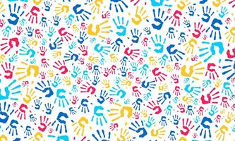 Autism Awareness Day concept colorful kids hand together seamless pattern background. child handprint shaped autism seamless pattern vector illustrator background for autism day template.