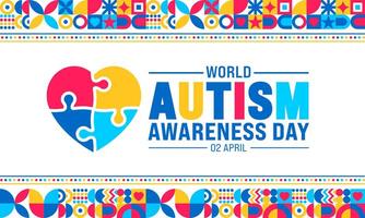 2 April world Autism Awareness Day colorful Puzzle love icon banner or background. use to background, banner, placard, card, and poster design template with text inscription and standard color. vector