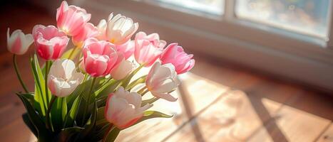 AI generated Bunch of beautiful pink tulips against wood vintage surface with empty space for text. photo