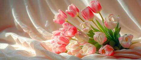 AI generated Bunch of beautiful pink tulips white blankets with empty space for text. photo