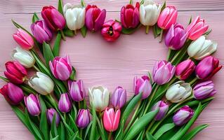 AI generated Bunch of pink tulips making a heart over pink background. Happy mother's day, San Valentine's day or romantic concept. photo