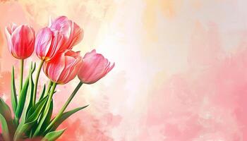 AI generated Digital watercolor illustration of beautiful pink tulips over colorful background with empty space for text or product presentation. photo