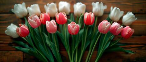 AI generated Bunch of beautiful pink tulips against wood vintage surface with empty space for text. photo