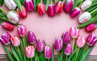 AI generated Bunch of pink tulips making a heart over pink background. Happy mother's day, San Valentine's day or romantic concept. photo