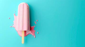 AI generated Pink stick ice cream melting over light blue background with empty space for text. Hot summer sales concept. 3D render illustration style. photo