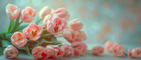 AI generated Bunch of beautiful pink tulips against marble vintage surface with empty space for text. photo