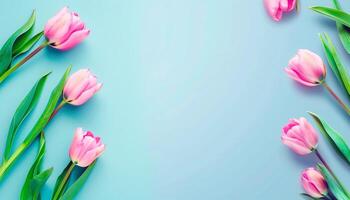 AI generated Bunch of pink tulips spring flowers over blue background with empty space for text. photo