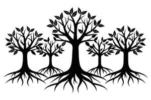 Black Trees with roots set isolated on white background vector