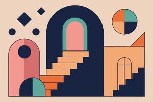 Surreal geometric shapes. Abstract vector elements and signs in trendy minimal outline style. Arch, stairs, column etc