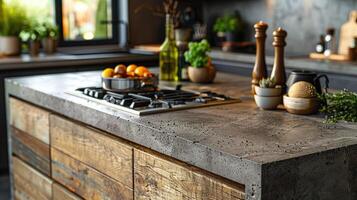 AI generated kitchen benchtop detail. concrete benchtop and timber drawers photo