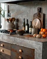 AI generated kitchen benchtop detail. concrete benchtop and timber drawers photo