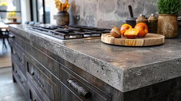 AI generated kitchen benchtop detail. concrete benchtop and timber drawers photo