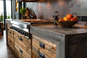 AI generated kitchen benchtop detail. concrete benchtop and timber drawers photo