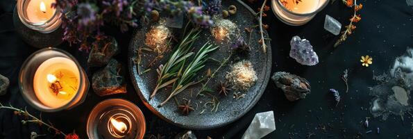 ai generado místico atmósfera, plato con hierbas velas y cristales foto