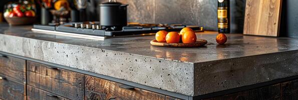 ai generado cocina mesa de trabajo detalle. hormigón mesa de trabajo y madera cajones foto