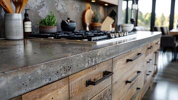 AI generated kitchen benchtop detail. concrete benchtop and timber drawers photo