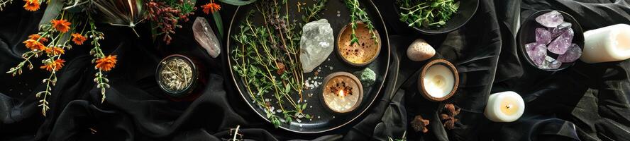 AI generated mystical atmosphere, plate with herbs candles and crystals photo