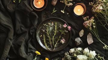 ai generado místico atmósfera, plato con hierbas velas y cristales foto