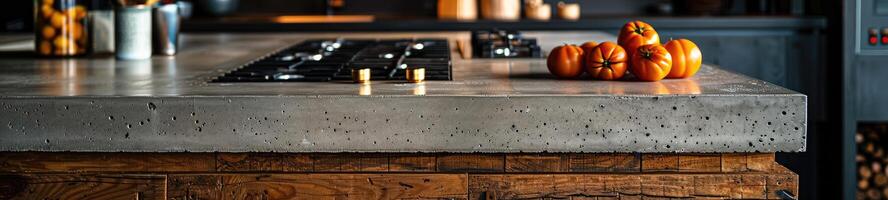 AI generated kitchen benchtop detail. concrete benchtop and timber drawers photo