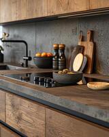 AI generated kitchen benchtop detail. concrete benchtop and timber drawers photo