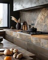 AI generated kitchen benchtop detail. concrete benchtop and timber drawers photo