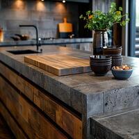 AI generated kitchen benchtop detail. concrete benchtop and timber drawers photo