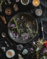 AI generated mystical atmosphere, plate with herbs candles and crystals photo