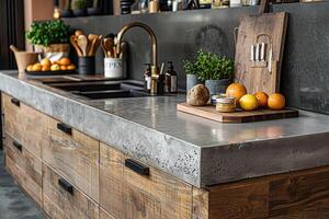 AI generated kitchen benchtop detail. concrete benchtop and timber drawers photo