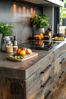 AI generated kitchen benchtop detail. concrete benchtop and timber drawers photo